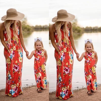 

Mother&Daughter Matching Dress Floral Maxi Dress Women Kid Girls Casual Family Clothes Outfit