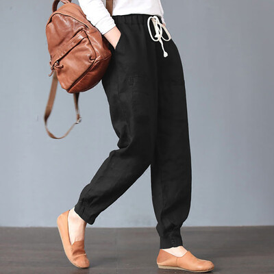 

Women Casual Solid Pants Elastic Mid Waist Pockets Lady Long Loose Pants