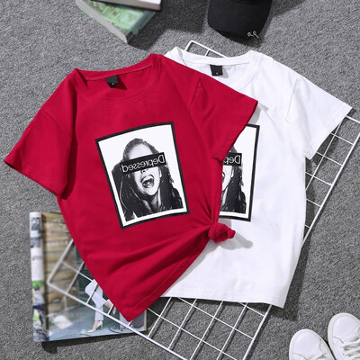 

Womens Korean Style Round Neck Weird Head Portrait Print Short Sleeve Pullover T-Shirt