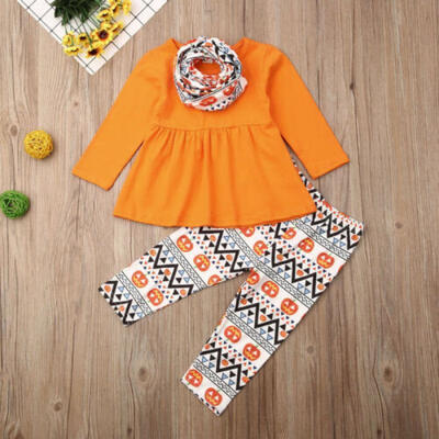 

US Baby Kids Girls Clothes Set Cotton Tops Pumpkin Pants Scarf Outfits Set