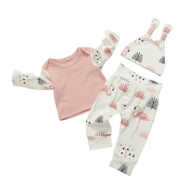 

Winter 3Pcs Clothes Set for Infant Baby Girl Flamingo Print Long Sleeve T-shirts Legging Pant Outfit Cute Rabbit Ears Hat Fall