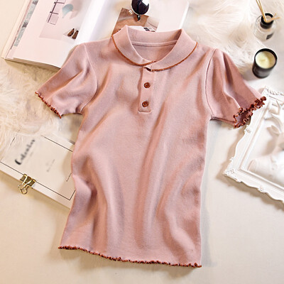 

Korean Style Solid Color button Turn Collar Neck Short-sleeved T-shirts Simple Casual Womens Knitted Tops