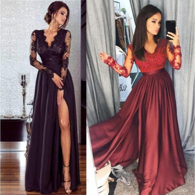 

Women Sexy Deep V-neck Lace Evening Party Ball Prom Gown Formal Cocktail Wedding Long Dress