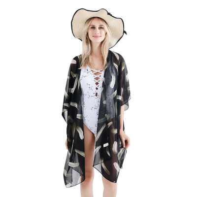 

Feather Print Collarless Half Sleeve Women Bikini Cover Up Beach Cardigan