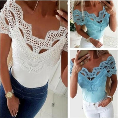 

Womens Lace Casual T-Shirt Ladies Summer Off Shoulder Tops Blouse Crop Tank