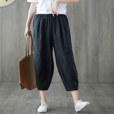 

Fashion Womens Solid Cotton&Linen Pocket Elastic Waist Trousers Seven Pants