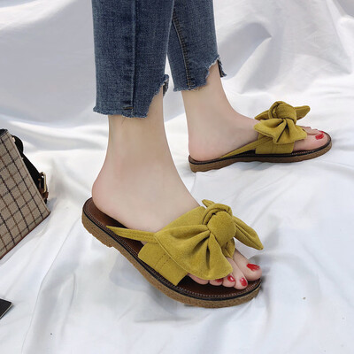 

Rose Women Fashion Solid Color Bow tie Flat Heel Sandals Slipper Beach Shoes