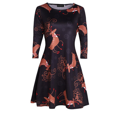 

New Fashion Casual Womens Long Sleeve Santa Snowman Printed Colourful Christmas Dress