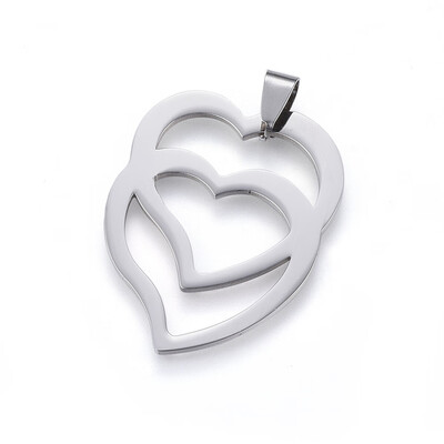 

304 Stainless Steel Pendants Heart with Heart Stainless Steel Color 39x31x15mm Hole 45x9mm