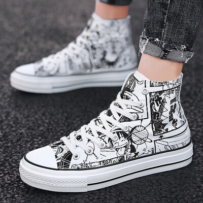 

Summer mens shoes high canvas harbor wind Korean version of Joker casual board shoes graffiti hand-painted autumn tide shoes