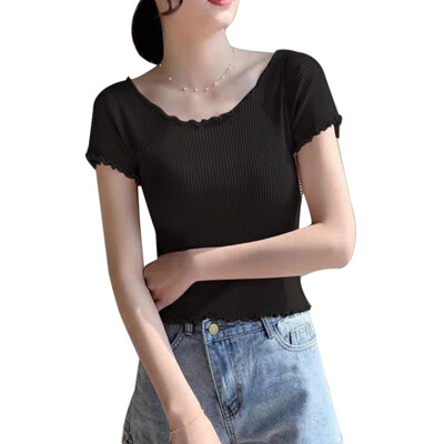 

Tops Wood ears Woman O neck Short sleeve T-shirt Vintage Slim Fit t shirt tight tee Summer Tops 6 colors