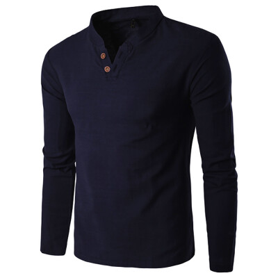 

Autumn New Men\ Long Sleeved T-Shirt Mandarin Collar Casual Men Top Tee