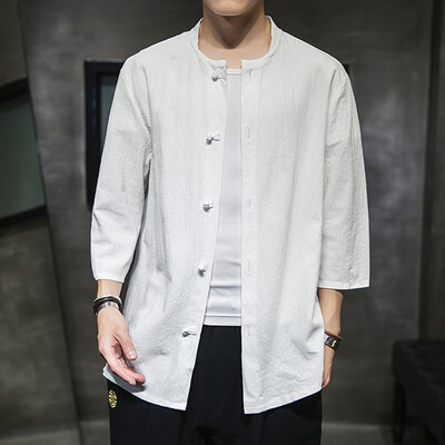 

Tailored Mens Summer Vintage Casual Pure Color Linen Three Quarter Sleeve Shirts Tops