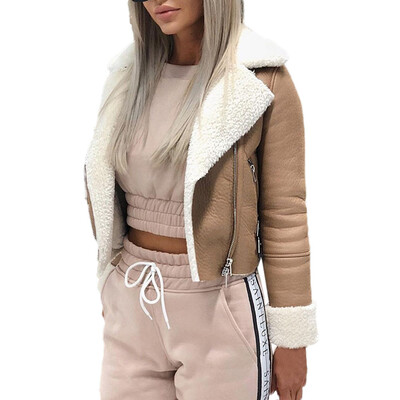 

Toponeto Women Lapel Suede Leather Buckle Cool Pilot Jacket Faux Lamb Wool Motorcycle Jackets