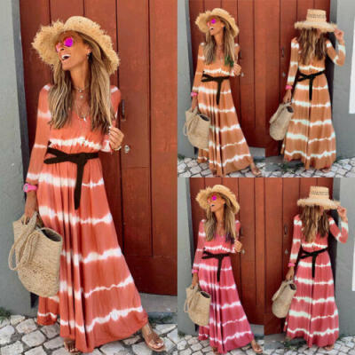 

Women Summer Boho Striped Print Long Sleeve Long Maxi Dress Party Beach Sundress