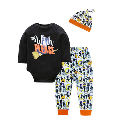 

Toddler Baby Boy Girl Pumpkin Print Top Blouse Pants Cap Halloween Outfits Set