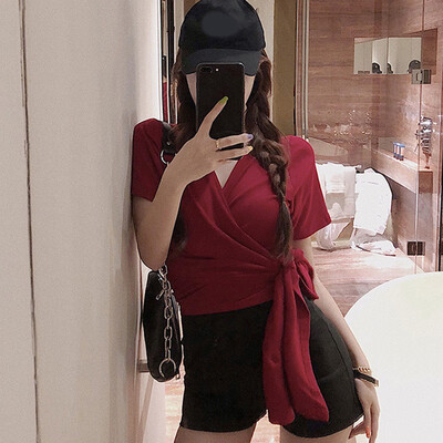 

Women Short Sleeve T-shirt Sexy Backless Summer Crop Tops Fashion V-Neck Lace Up T Shirt
