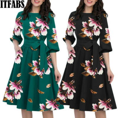 

Women Retro Tunic 34 Long Sleeved Floral Print Bodycon Dresses Vintage Dress