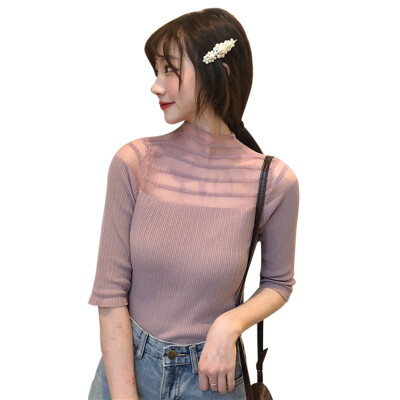 

Korean T-shirt Knitted Slim Pullover Women Tops Half Sleeve Thin Tight Fit Semi-high Collar Hollow Stitching Clothing Plus Size