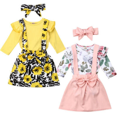 

UK 3PCS Newborn Baby Girls Long Sleeve Romper Floral Bib Skirt Dress Outfits