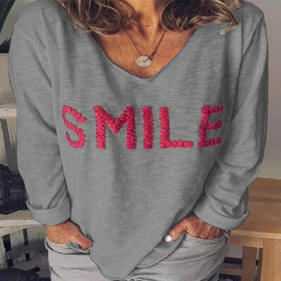 

Contrast Letters SMILE Embroidery V-neck Long Sleeves Tee