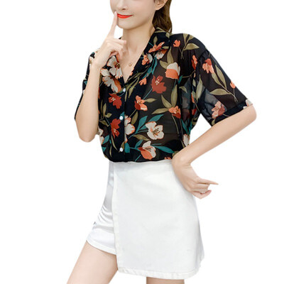

Casual printing Short Chiffon Slim Short Sleeve Blouse summer Lapel Single Buckle Casual Shirt Holiday Shirt female