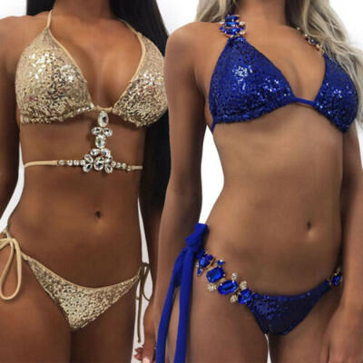 

US Women Sequin Rhinestone Crystal Push-up Bikini Set Swimsuit Swimwear Bathing