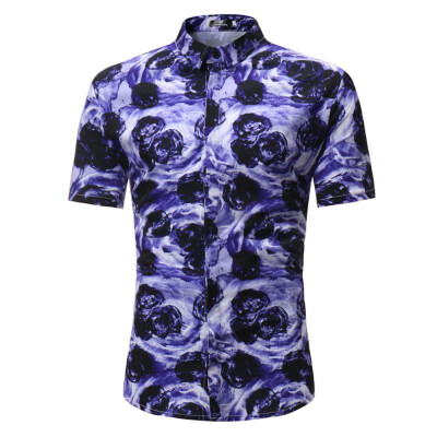 

Summer New Men\s Casual Short-Sleeved Purple Rose Print Shirts