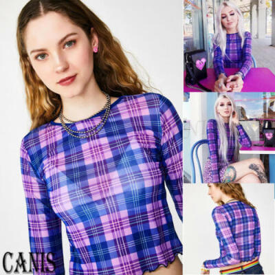 

Fashion Womens Sheer Mesh Fish Net Plaid Long Sleeve See Crop Top T-Shirt Blouse