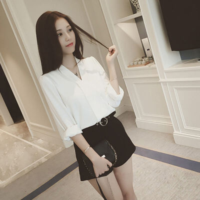 

Spring Autumn Solid Color Blouses Office Shirts Women V Neck Tops Long Sleeve Chiffon Blouse Korean Style Female Shirt