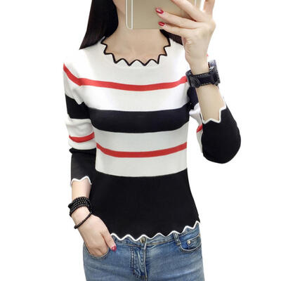 

Autumn Women Knit Bottom Shirt Stripe Long Sleeve O-neck Wavy Edge Tops