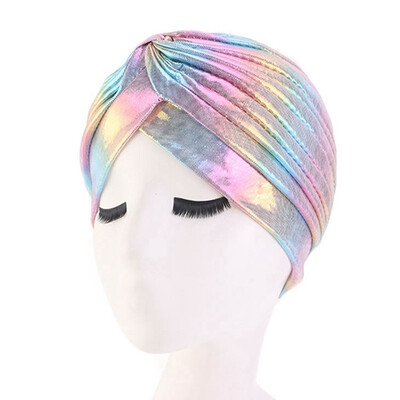 

Colorful New Women Laser Silky Ruffle Metallic Turban Hair Cover Accessories Wave Caps Bonnet Salon Hat Turban Headwrap