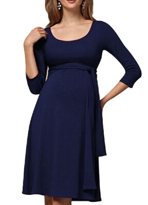 

Mommys Round Neck Pure Color Covenient Lactation Dress