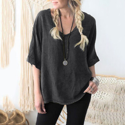 

Starmoon Fashion Women Vintage V-neck Cotton Linen Casual Loose T-shirt Blouse