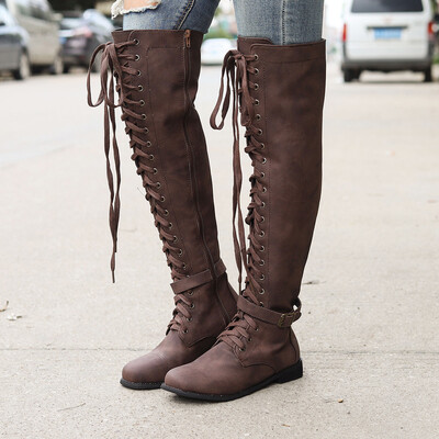 

Rose Women Ladies Retro Low-heeled Shoes Lace-UP Long Tube Knight Boots