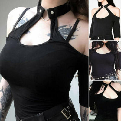 

Women Gothic Tops Cold Shoulder Halter Neck Chain Punk Crop Vest Top Shirts US