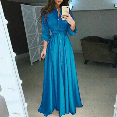 

Women Boho Long Sleeve Button Dowm Maxi Dress Evening Party Beach Bodycon Casual Shirt Dress