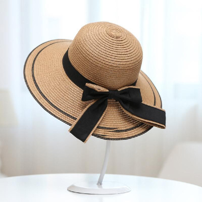 

Women Hat Summer Fall Sunscreen Bow Straw Weaving Hat Wide Brim Foldable Travel Beach Hats Suns Visor UV Protection Cap