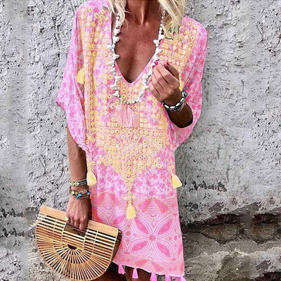 

Women Boho V-Neck Linen Maxi Dress Short Sleeve Casual Kaftan Tunic Plus Size