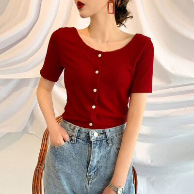 

Square Collar High Waist Lady Short Knit Short-Sleeved Womens Shirt