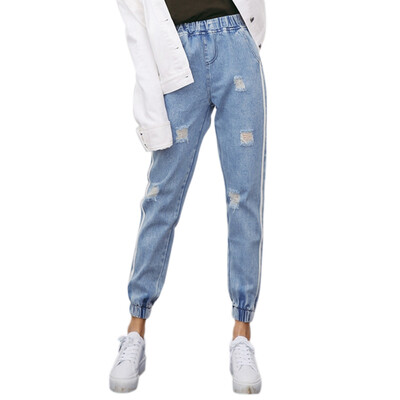 

New Vintage Holes Jeans Women Casual Denim Pant Spring Summer High Waist Ripped Jean Ladies White Striped Side Bottom -XXL