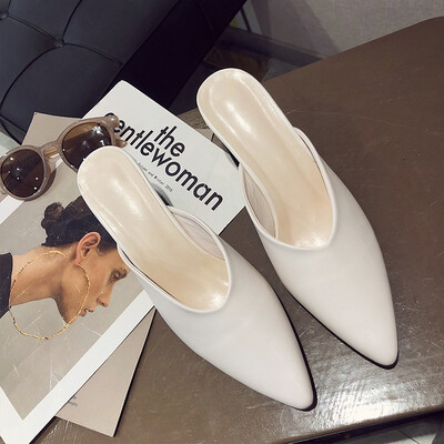 

Pointed high heel Baotou semi-slippers wood grain thick-heeled Muller shoes special-shaped middle heel sandals female European and