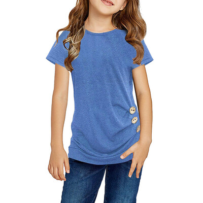 

Summer Children Teens Kids Girls Solid Printed Button T-shirt Tops Clothes