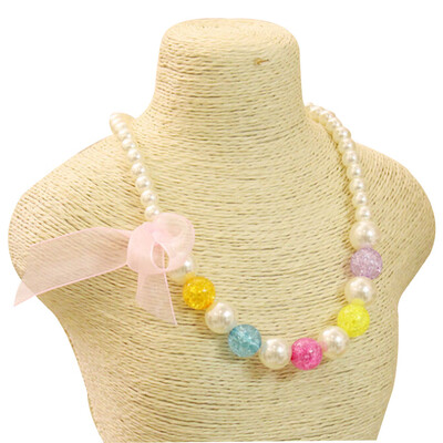 

Ivory Pearl Kid Chunky Necklace Adjusted DIY Tied Ribbon Bubblegum Beads Chunky Necklace Jewelry For Girl Children