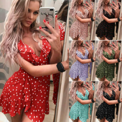 

Boho Women Summer Polka Dot Short Dress V-neck Ladies Holiday Beach Mini Dress