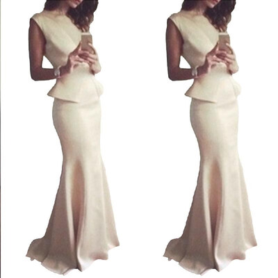 

New Women Blouse Maxi Long Skirt Mermaid Hem Solid Zipper Sleeveless Bodycon Elegant Two-Piece Set Beige