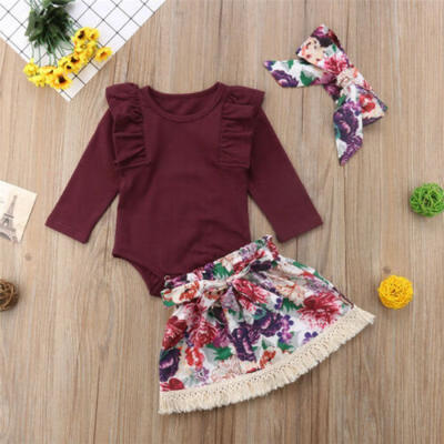 

Canis Toddler Kid Baby Girls Floral Tops Romper Skirts Headband Outfits 3pcs Set