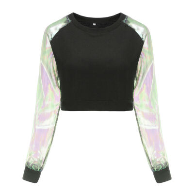 

Laser Transparent T-shirt Spring Autumn Harajuku Japanese Women Long Sleeve Patchwork Crop Top Fashion Women Tees