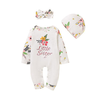 

Newborn Baby Girl Little Sister Long Sleeves Bodysuit Floral Romper Headband Hat 3Pcs Outfit Clothes Set