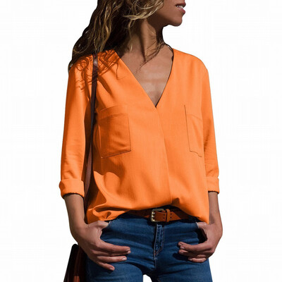 

Solid color V-neck long-sleeved pocket loose tooling white-collarshirt womens